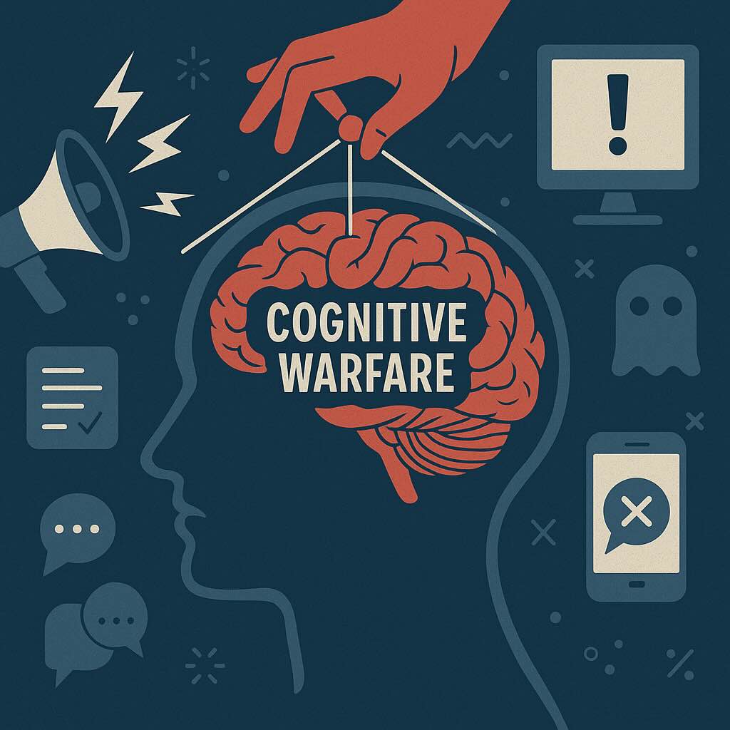 Illustration of a human head with a brain controlled like a puppet, symbolising cognitive warfare, manipulation, and digital disinformation.
