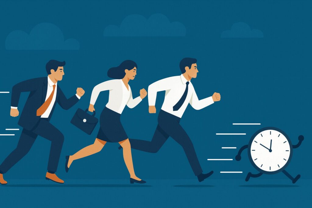 Group of business professionals, men and women, running after a clock that symbolises time pressure at work and the acceleration of modern life.