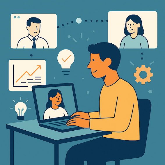 Illustration showing professionals connected online during remote work and soft-skills training in the digital age.