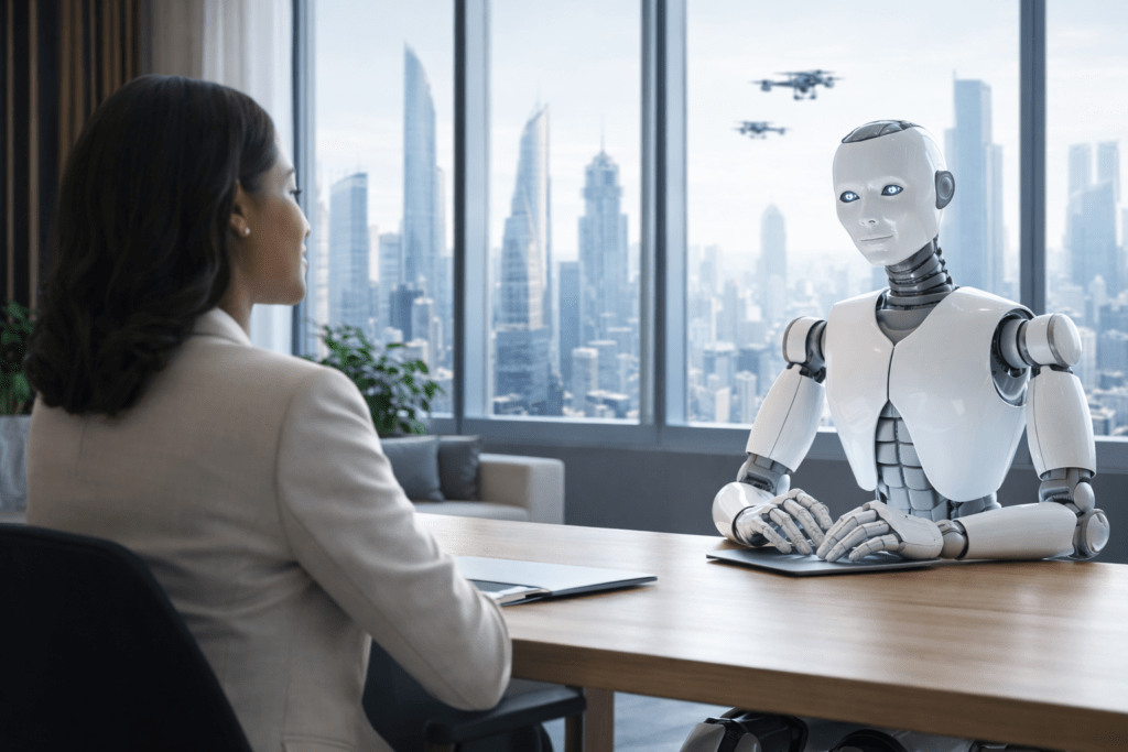 Professional woman interacting with a humanoid AI agent in a futuristic office, illustrating future jobs and human-AI collaboration in 2030.