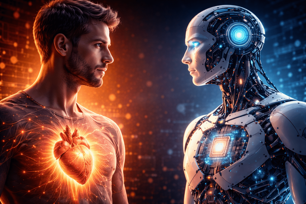 Human with a visible glowing heart facing a humanoid robot with a microchip in its chest, standing face to face to symbolise the difference between human consciousness and artificial intelligence.