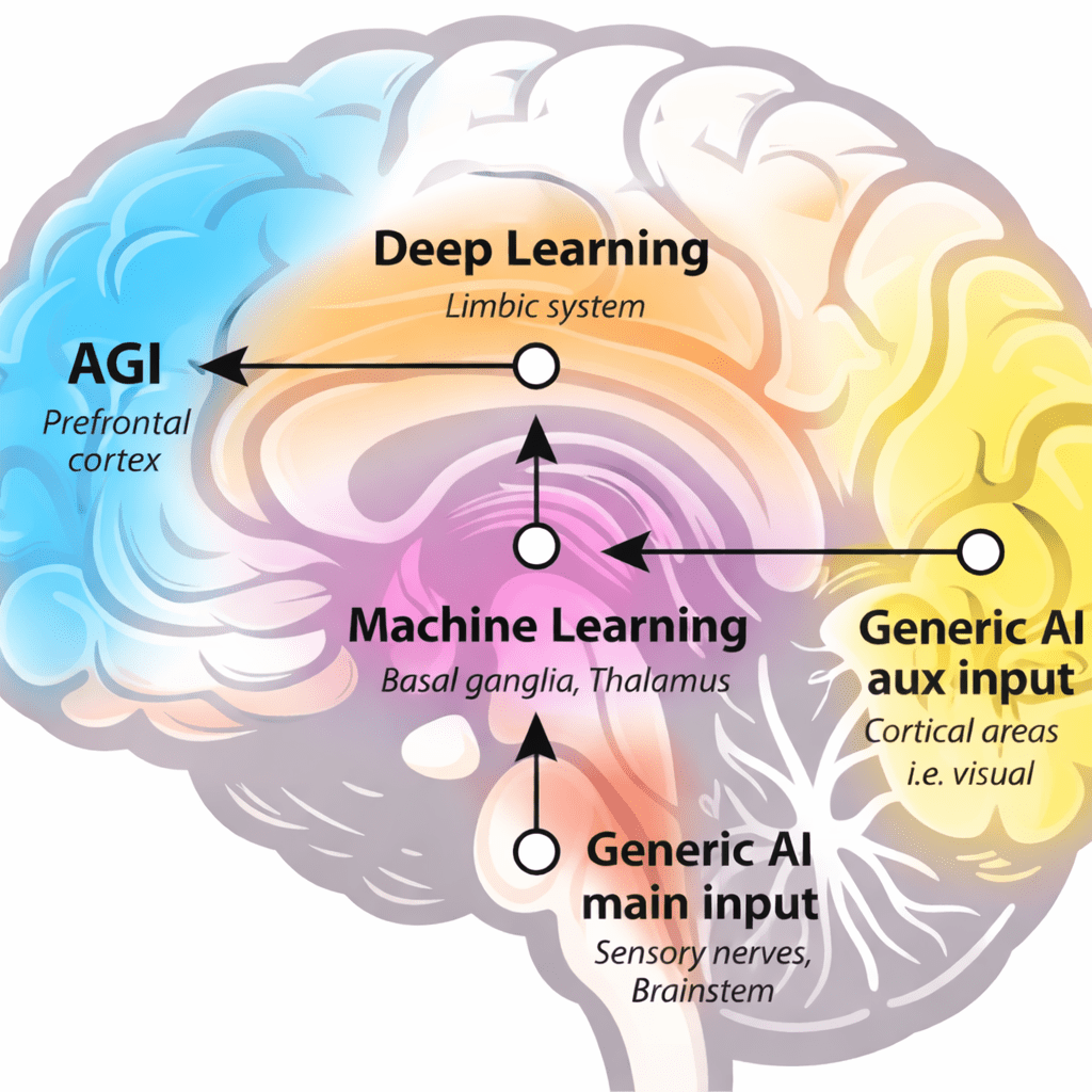 Diagram showing how different AI approaches map metaphorically to human brain regions, illustrating the cognitive impact of AI use on learning and thinking.